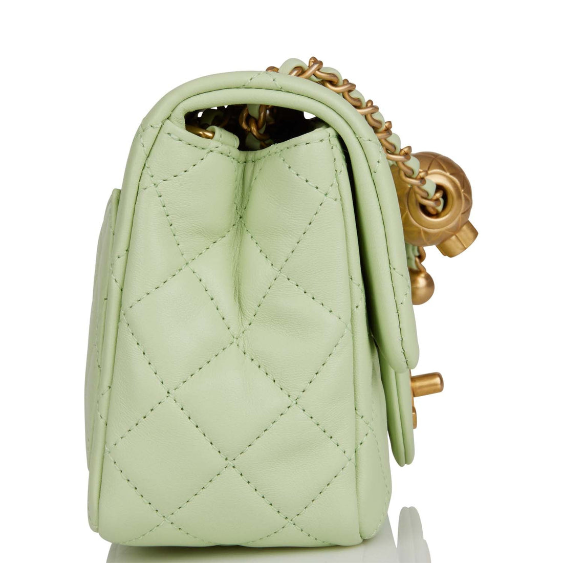Chanel Pearl Crush Mini Square Flap Bag Light Green Leather Antique Gold Hardware