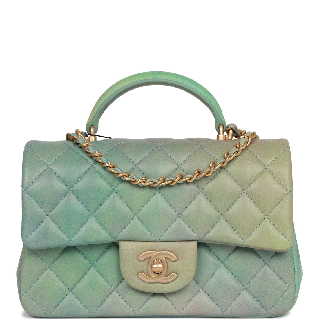 Top Quality Chanel Mini Rectangular Flap Bag with Top Handle Green Ombre Lambskin Antique Gold Hardware