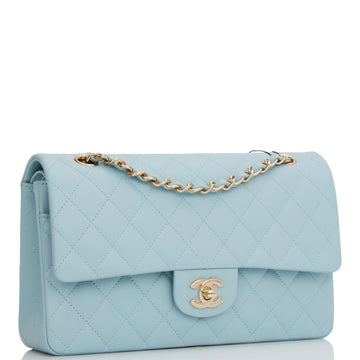 Chanel Medium Classic Double Flap Bag Blue Quilted Leather Light Gold Hardware