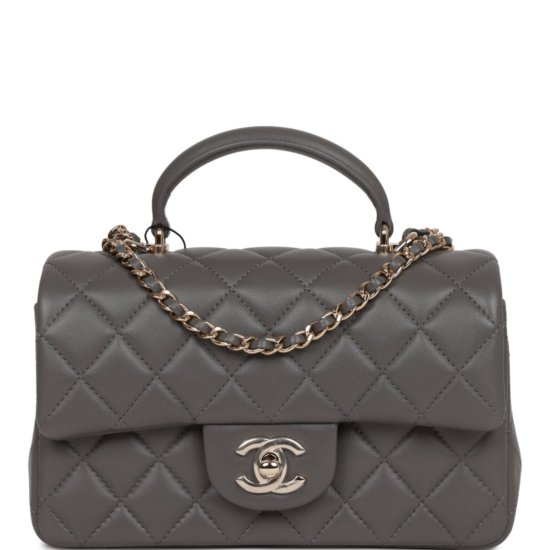 Top Quality Chanel Mini Rectangular Flap Bag with Top Handle Dark Grey Lambskin  Gold Hardware