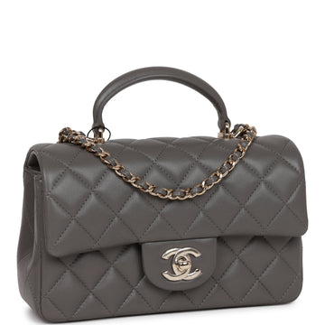Top Quality Chanel Mini Rectangular Flap Bag with Top Handle Dark Grey Lambskin  Gold Hardware