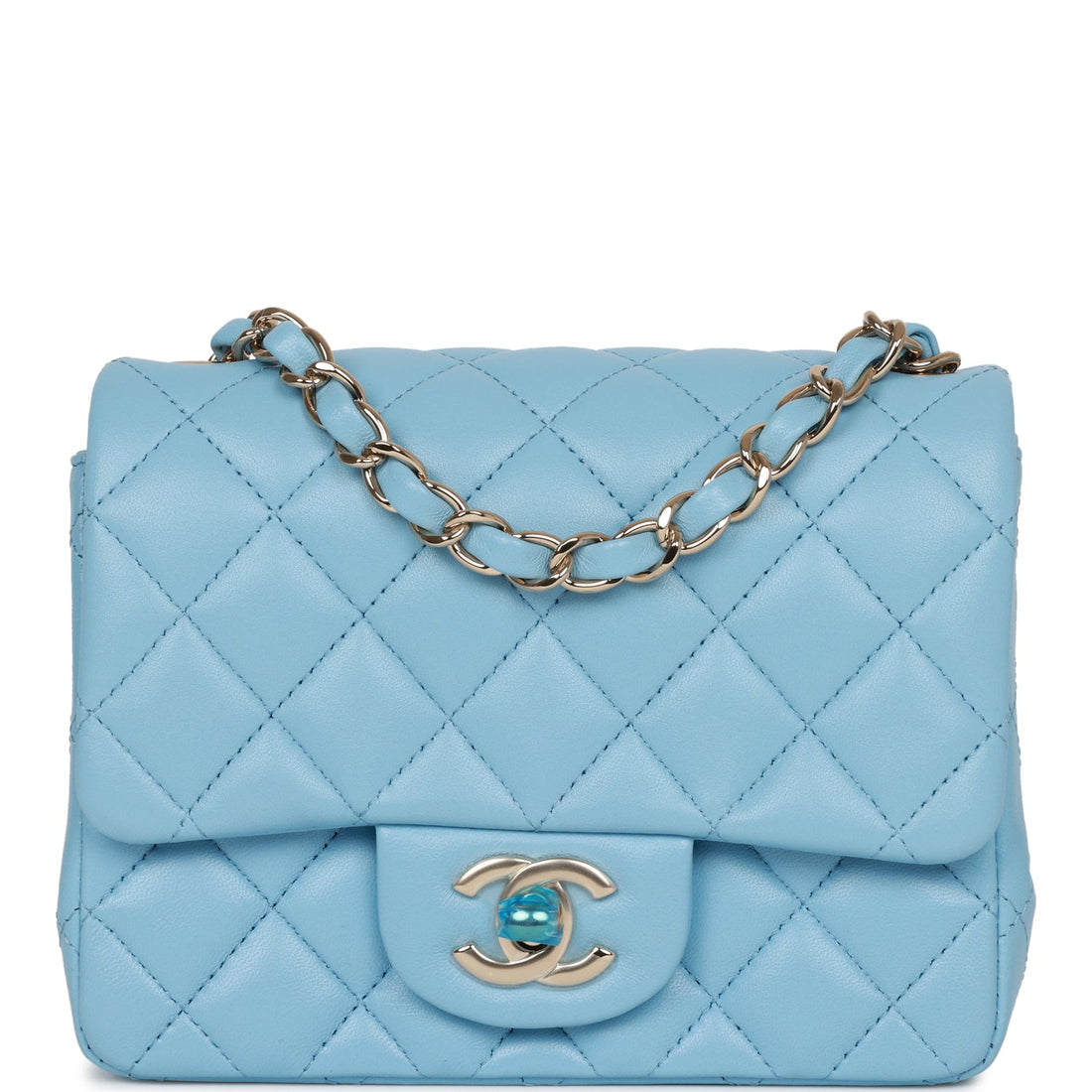 Top Quality Chanel Mini Square Flap Bag Blue Lambskin  Gold Hardware