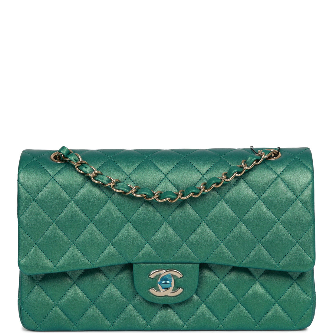 Top Quality Chanel Medium Classic Double Flap Bag Green Iridescent Lambskin  Gold Hardware