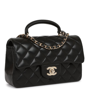 Chanel Mini Rectangular Flap Bag with Top Handle Black Leather Light Gold Hardware
