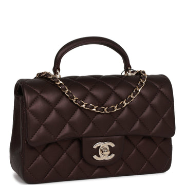 Top Quality Chanel Mini Rectangular Flap Bag with Top Handle Burgundy Lambskin  Gold Hardware