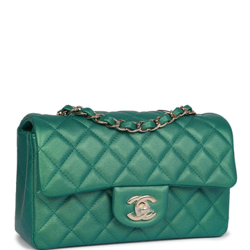 Chanel Mini Rectangular Flap Bag Green Iridescent Quilted Leather Light Gold Hardware