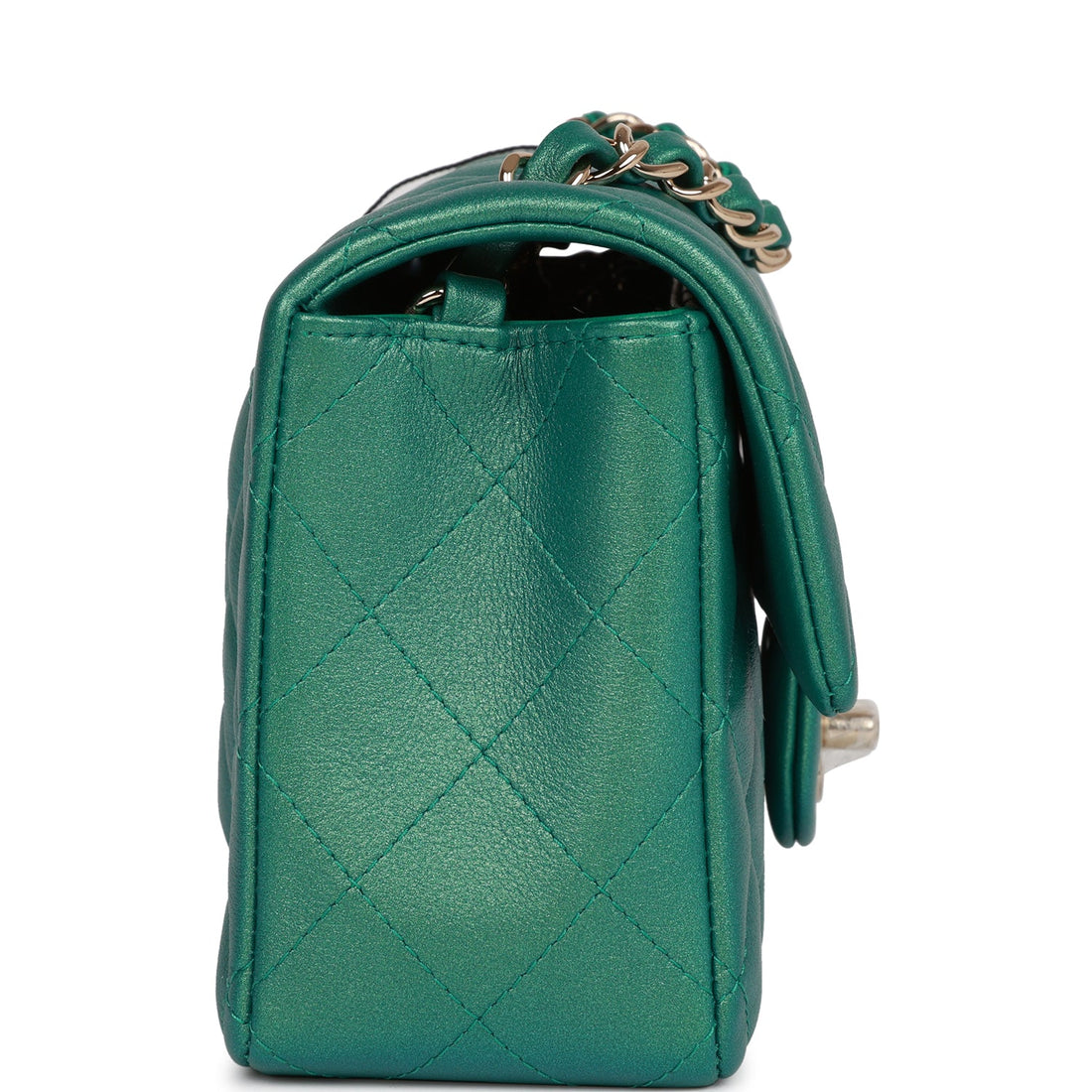 Chanel Mini Rectangular Flap Bag Green Iridescent Quilted Leather Light Gold Hardware