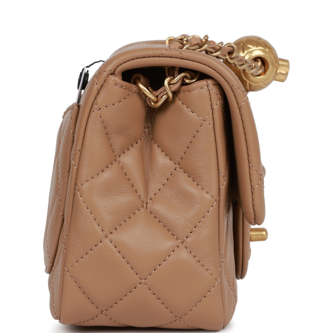 Chanel Pearl Crush Mini Square Flap Bag Beige Leather Antique Gold Hardware