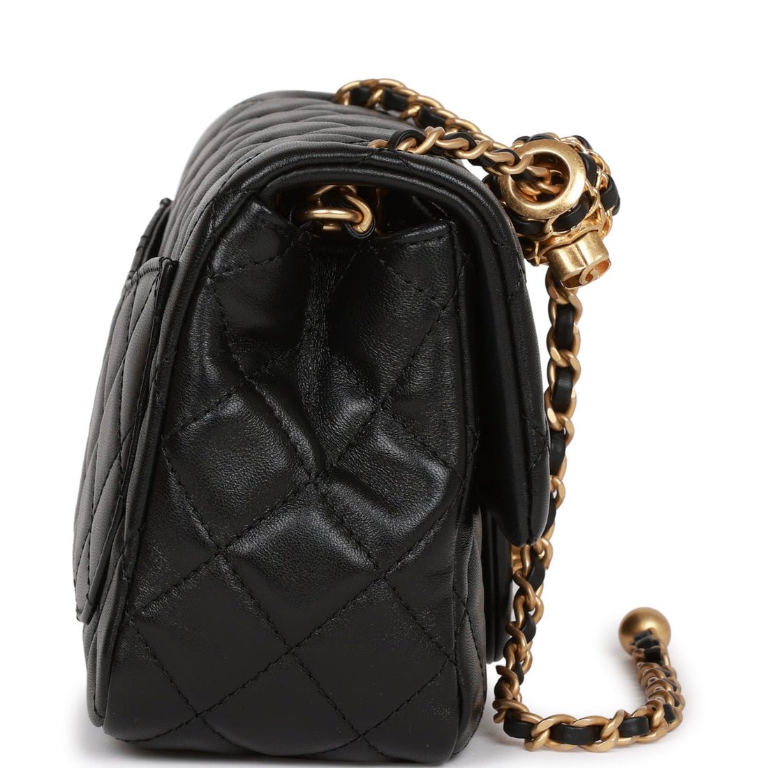 Chanel Pearl Crush Mini Square Flap Bag Black Leather Antique Gold Hardware