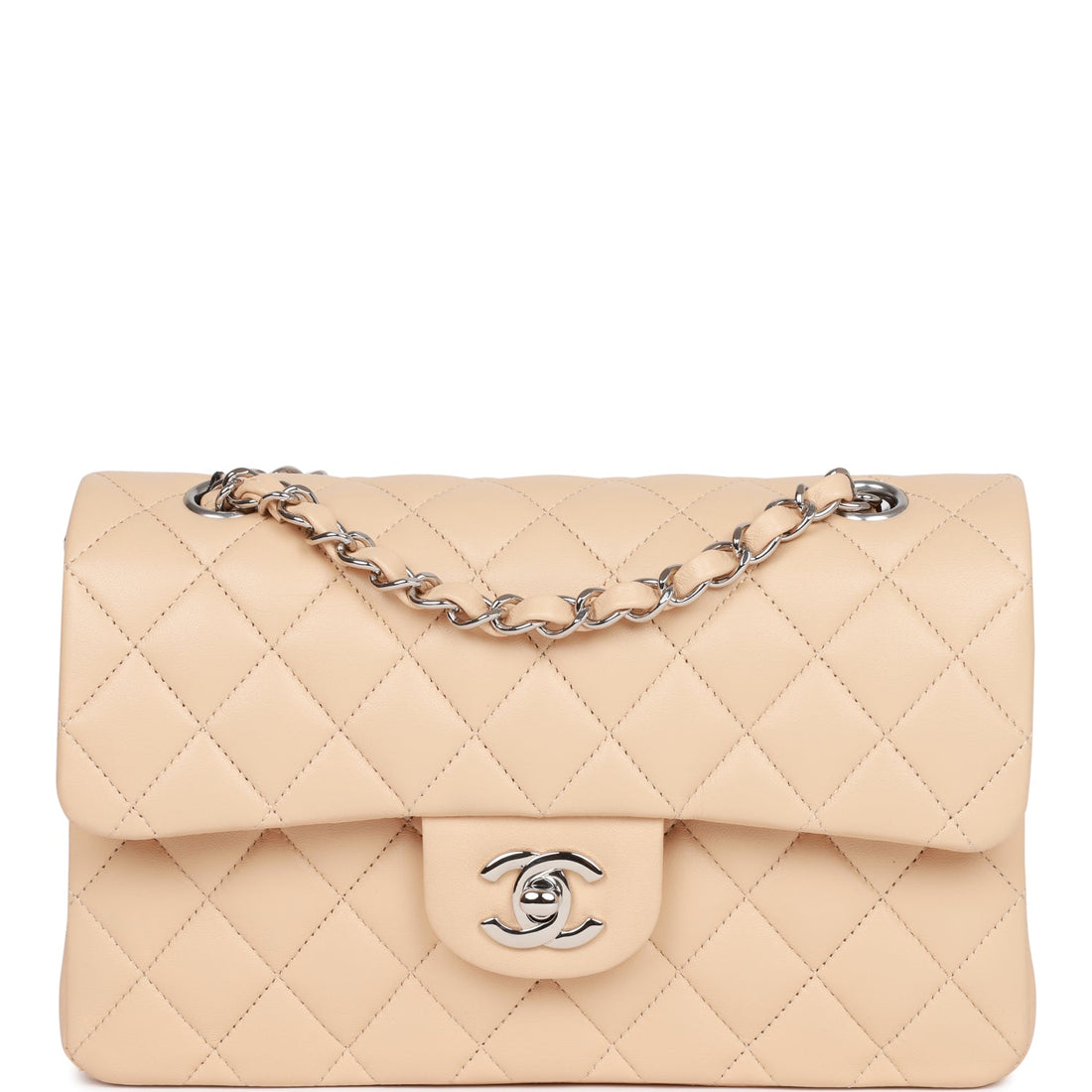 Top Quality Chanel Small Classic Double Flap Beige Lambskin Silver Hardware