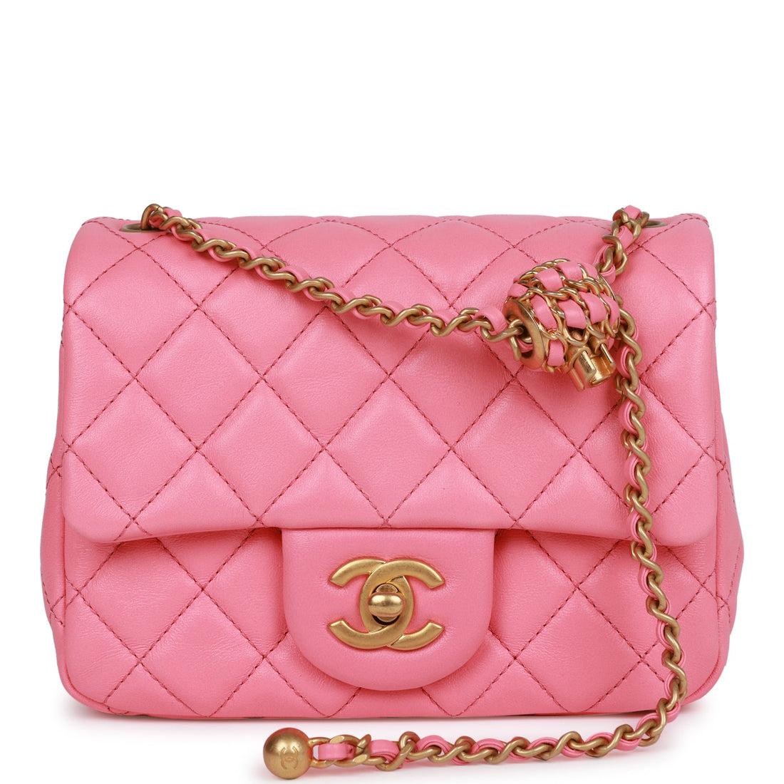 Top Quality Chanel Pearl Crush Mini Square Flap Bag Pink Lambskin Antique Gold Hardware