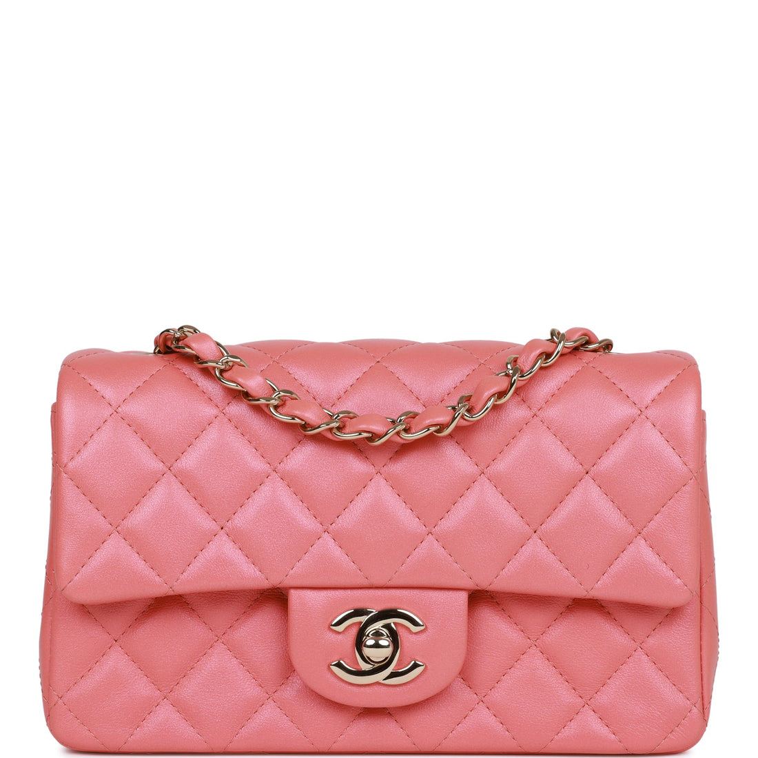 Top Quality Chanel Mini Rectangular Flap Bag Pink Iridescent Lambskin  Gold Hardware