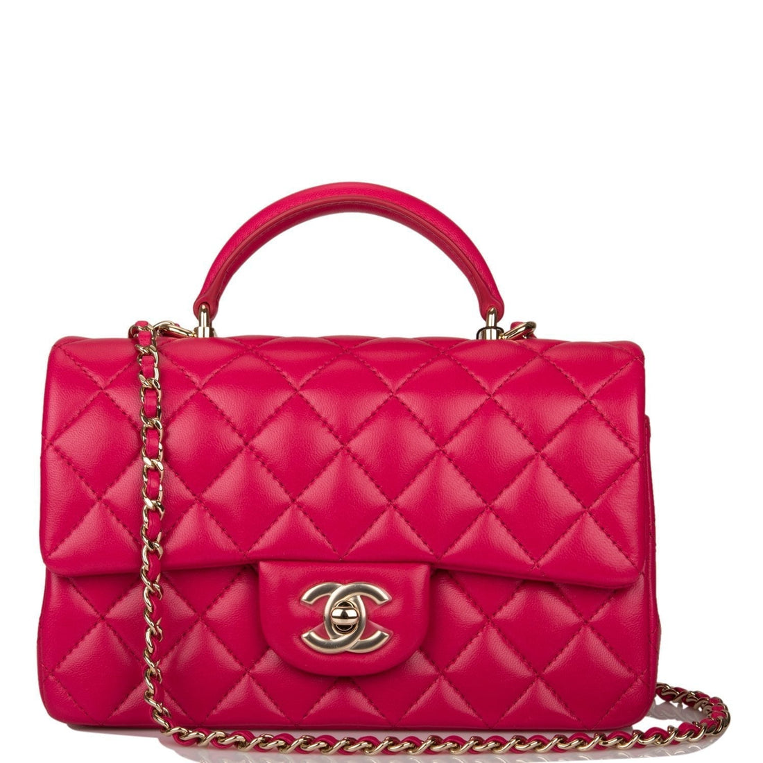 Top Quality Chanel Mini Rectangular Flap with Top Handle Dark Pink Lambskin  Gold Hardware
