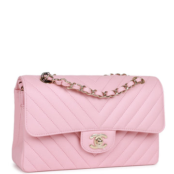 Top Quality Chanel Small Chevron Classic Double Flap Pink Calfskin  Gold Hardware
