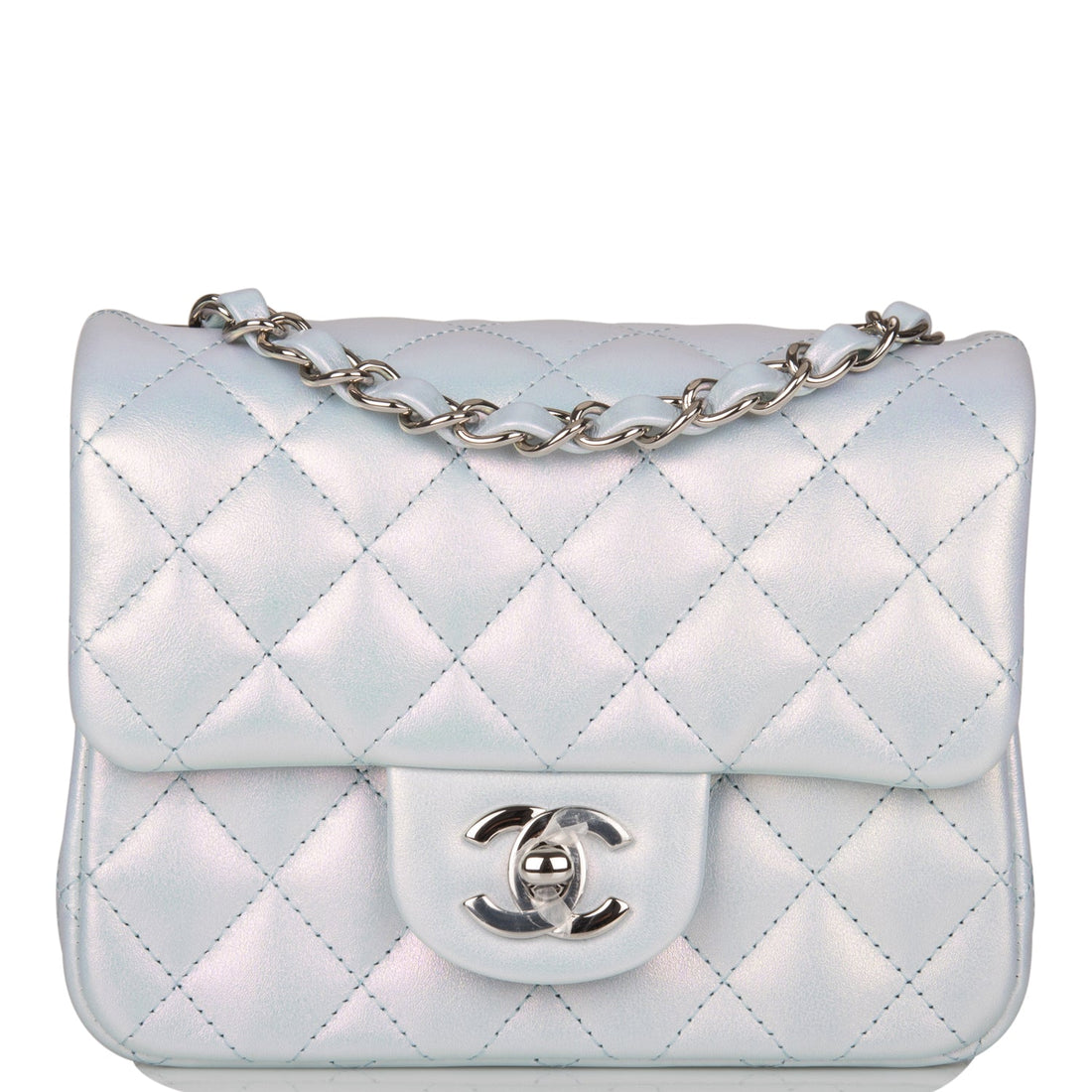Top Quality Chanel Mini Square Flap Bag Blue Iridescent Lambskin Silver Hardware