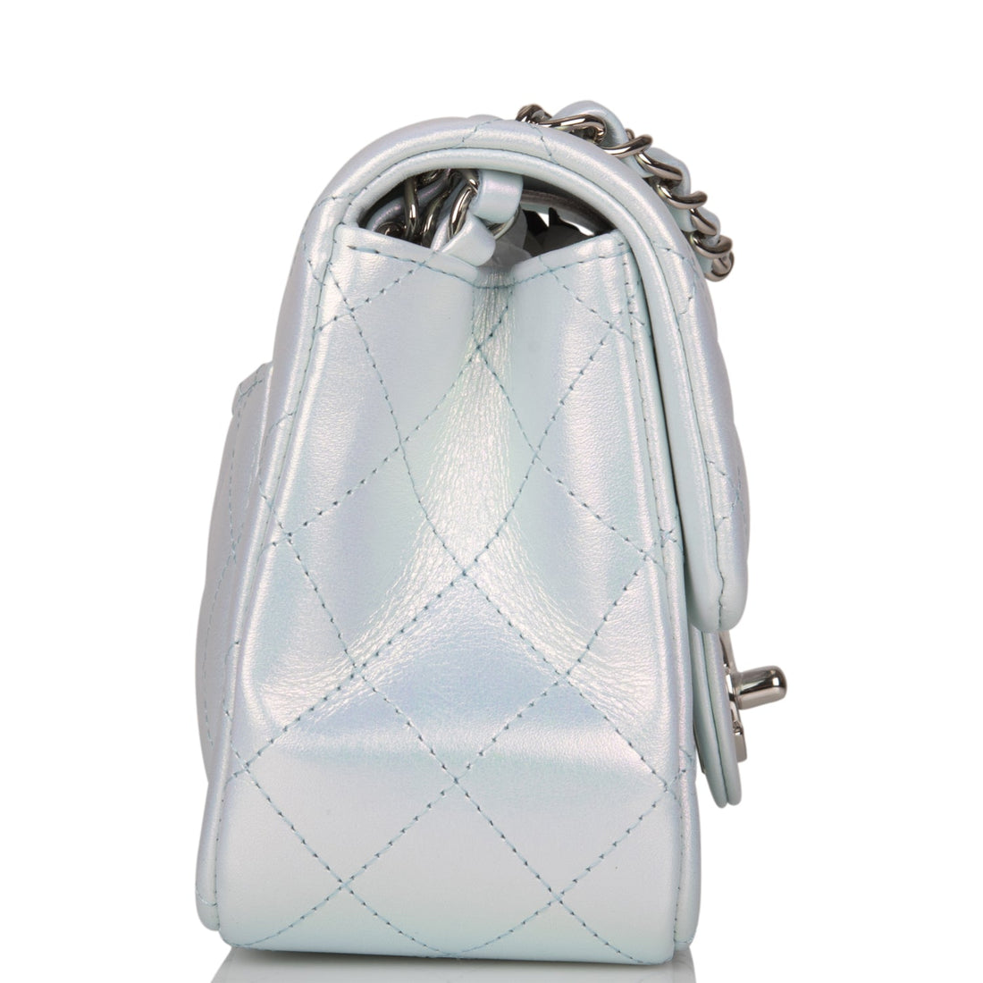 Chanel Mini Square Flap Bag Blue Iridescent Leather Silver Hardware
