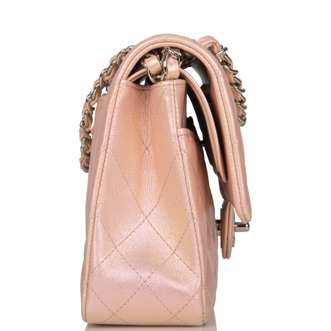 Chanel  Medium Classic Double Flap Bag Pink Iridescent Leather Silver Hardware