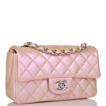 Chanel Mini Rectangular Flap Bag Pink Iridescent Leather Silver Hardware