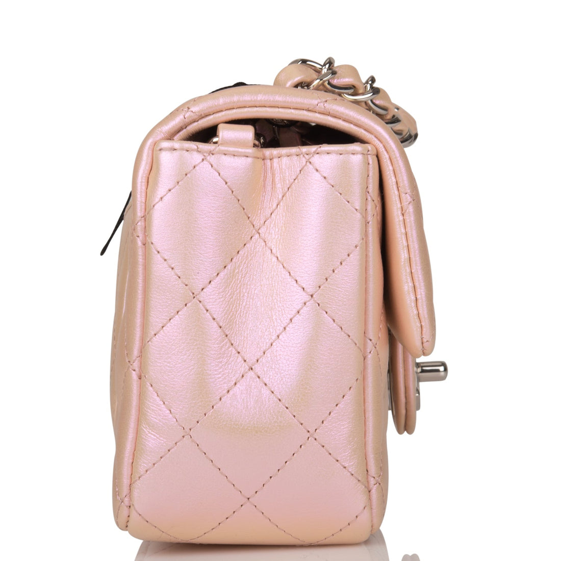 Chanel Mini Rectangular Flap Bag Pink Iridescent Leather Silver Hardware