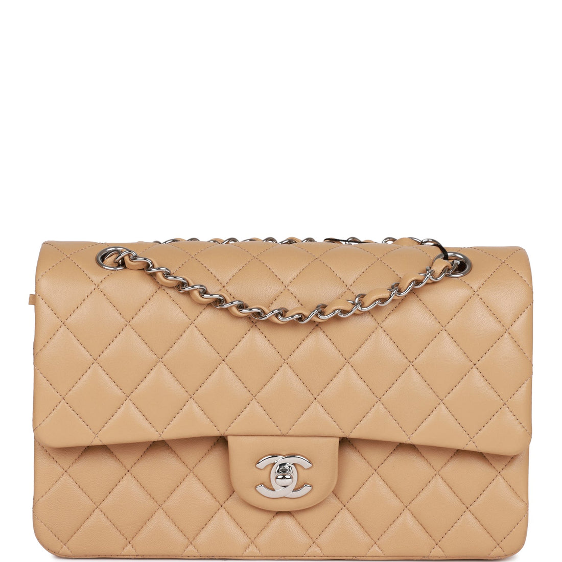 Top Quality Chanel Medium Classic Double Flap Bag Beige Lambskin Silver Hardware