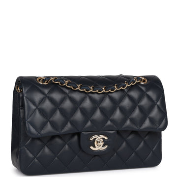 Chanel Small Classic Double Flap Navy Leather Light Gold Hardware