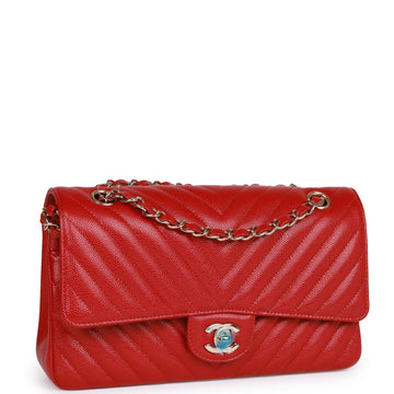 Chanel Medium Classic Double Flap Bag Red Chevron Leather Light Gold Hardware