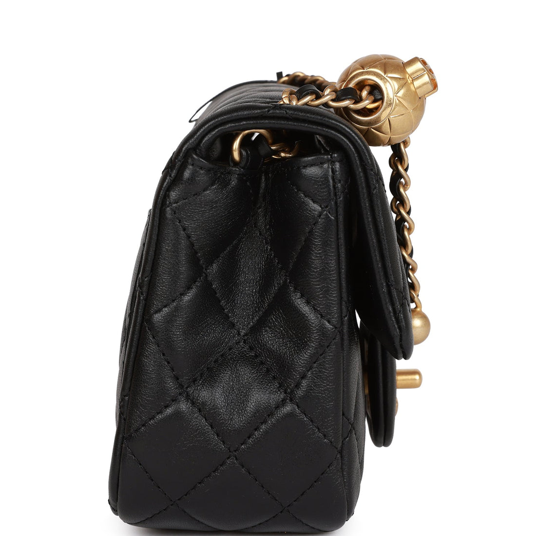 Chanel Pearl Crush Mini Square Flap Bag Black Leather Antique Gold Hardware
