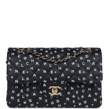 Chanel Small Classic Double Logo Printed Flap Bag Black and White CalBNkin Gold Hardware