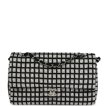 Chanel Medium Logo Ribbon Classic Double Flap Bag White and Black Canvas and Tweed Silver Hardware