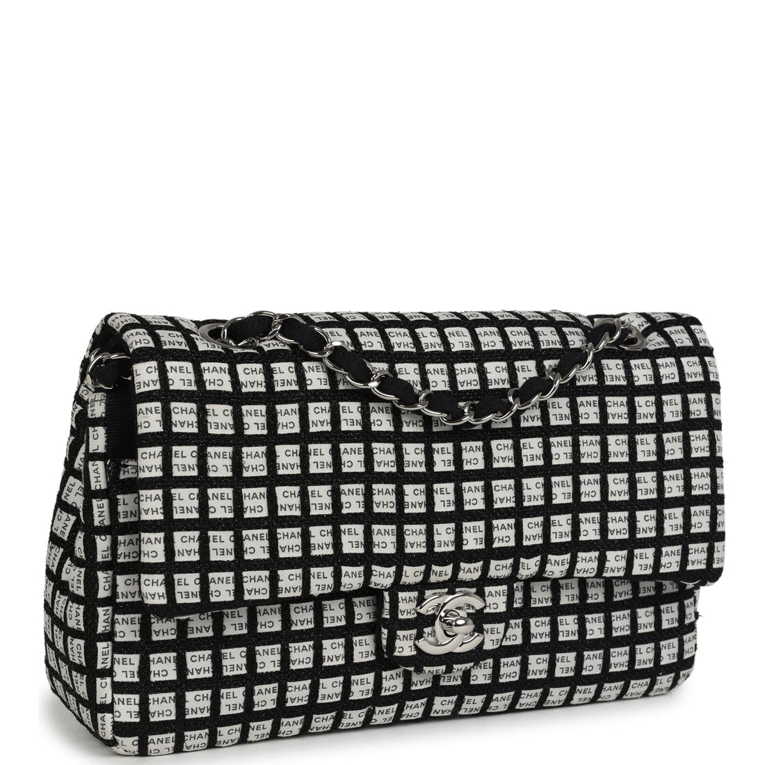 Chanel Medium Logo Ribbon Classic Double Flap Bag White and Black Canvas and Tweed Silver Hardware