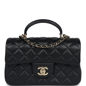 Chanel Mini Rectangular Flap with Top Handle Black Lambskin Light Gold Hardware
