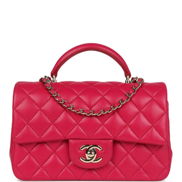 Chanel Mini Top Handle Rectangular Flap Bag Fuchsia Lambskin Light Gold Hardware