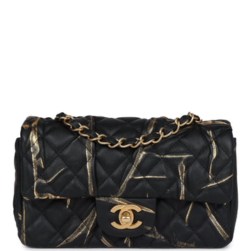 Chanel Mini Rectangular Flap Black and Gold Aged CalBNkin Antique Gold Hardware