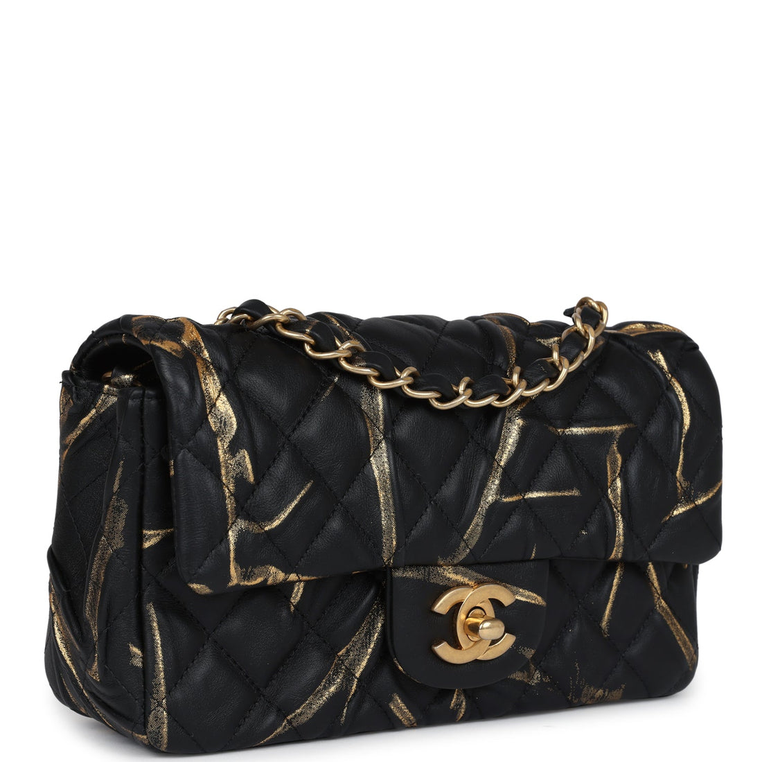 Chanel Mini Rectangular Flap Black and Gold Aged CalBNkin Antique Gold Hardware