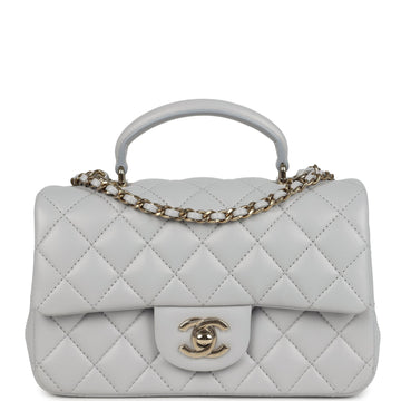 Chanel Mini Rectangular Flap Bag with Top Handle Light Grey Lambskin Light Gold Hardware