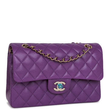 Top Quality Chanel Small Classic Double Flap Purple Caviar  Gold Hardware