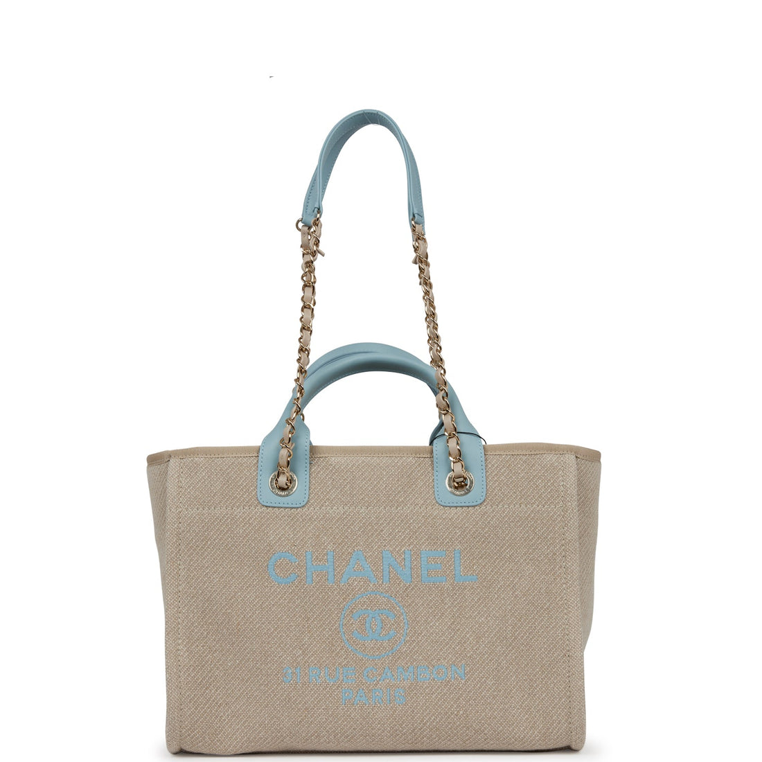 Top Quality Chanel Small Deauville Shopping Bag Blue and Beige Boucle  Gold Hardware