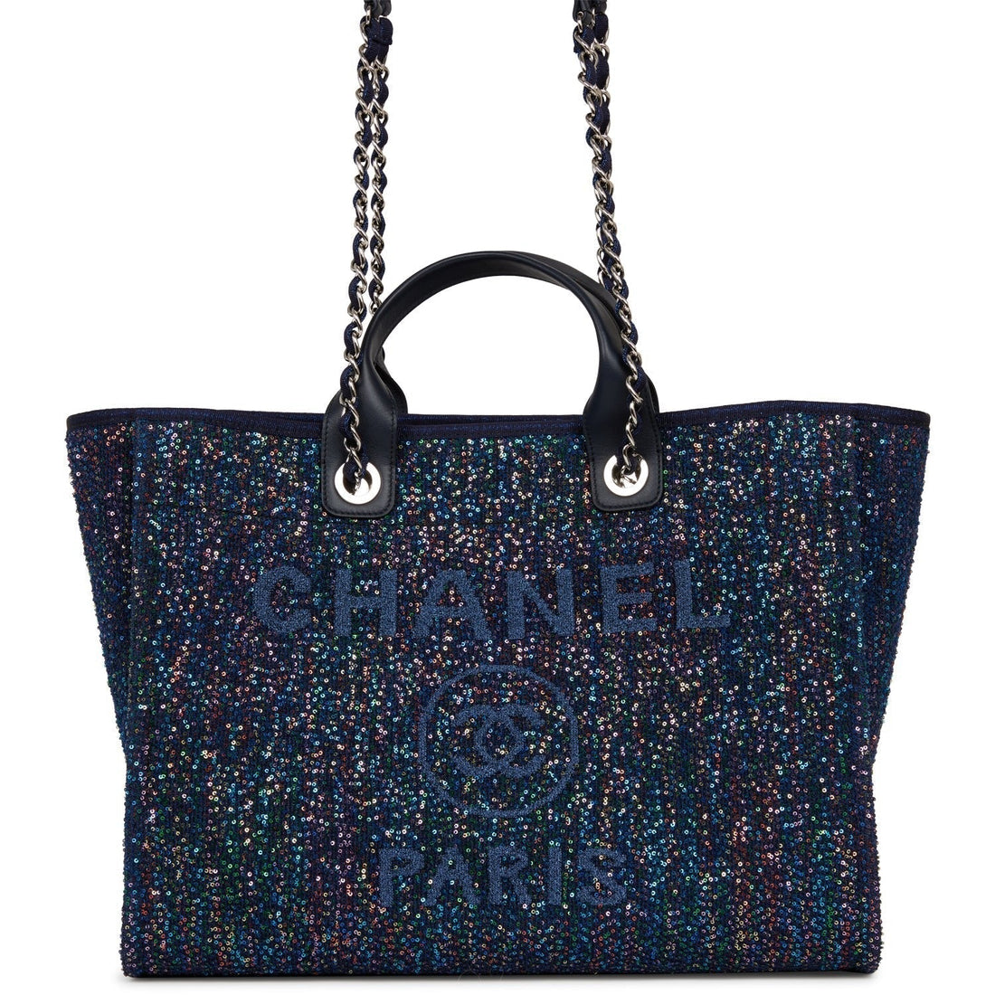 Top Quality Chanel Large Deauville Shopping Bag Blue Sequin Boucle Silver Hardware
