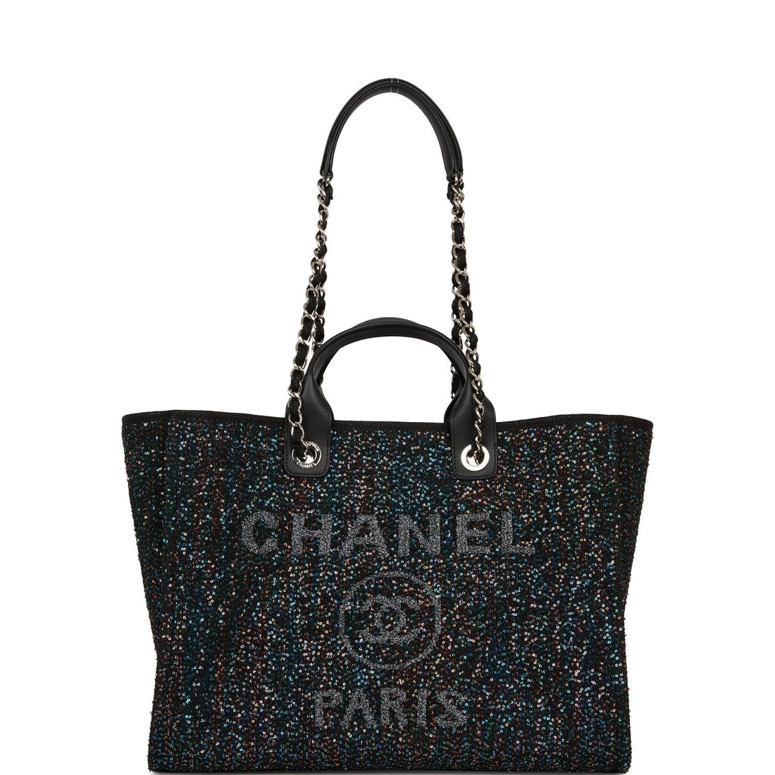 Top Quality Chanel Large Deauville Shopping Bag Black Sequin Boucle Silver Hardware