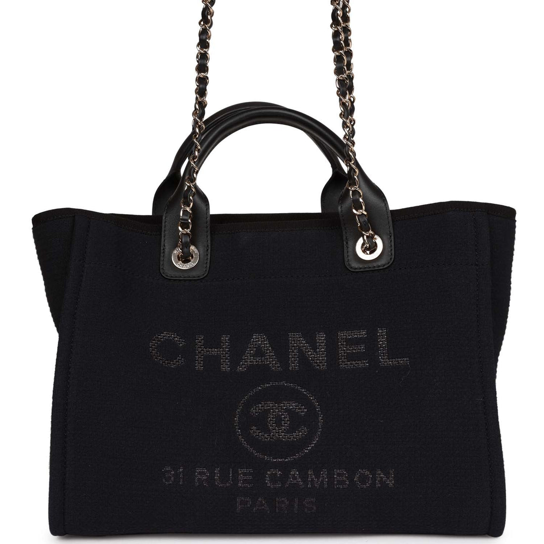 Top Quality Chanel Small Deauville Shopping Bag Black Canvas and Calfskin  Gold Hardware