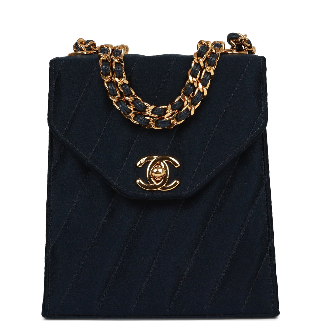Top Quality Chanel Mini Flap Bag Dark Blue Satin Gold Hardware