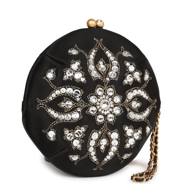 Chanel Clutch Bag Black Satin Embellished Antique Gold Hardware