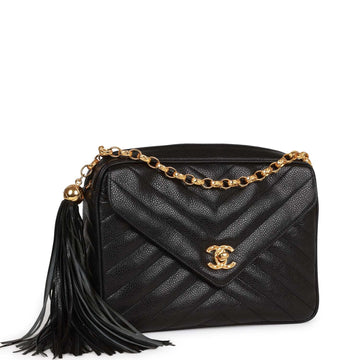 Chanel Small Chevron Tassel Camera Bag Black Caviar Gold Hardware
