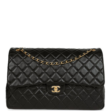 Chanel XXL Classic Single Flap Bag Black Shiny Aged CalBNkin Brushed Gold Hardware