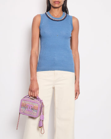 Pearl Street Bags Chanel Blue Ribbed Knit Sleeveless Top With Red, White & Blue Tweed Embroidered Trim and CC Button Detail FR 36 (UK 8)