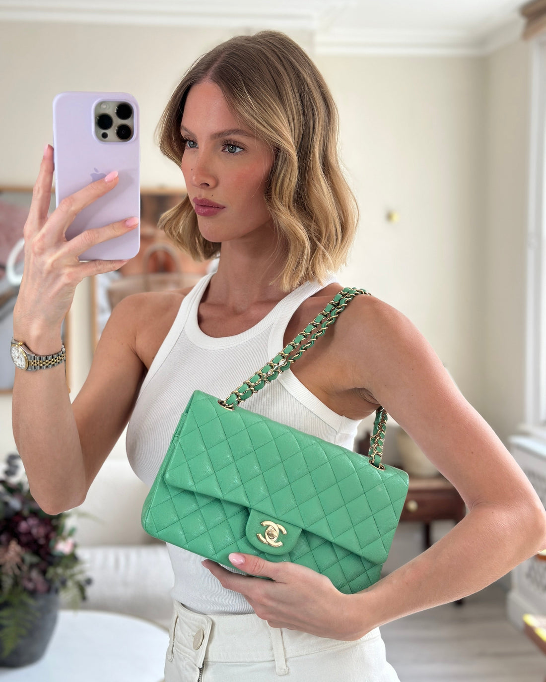 Pearl Street Bags Chanel Mint Green Medium Classic Double Flap in Caviar Leather with Champagne Gold Hardware