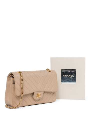 Chanel 2.55 Chevron Quilted 24K Gold Plated Medium Double Flap Bag Beige