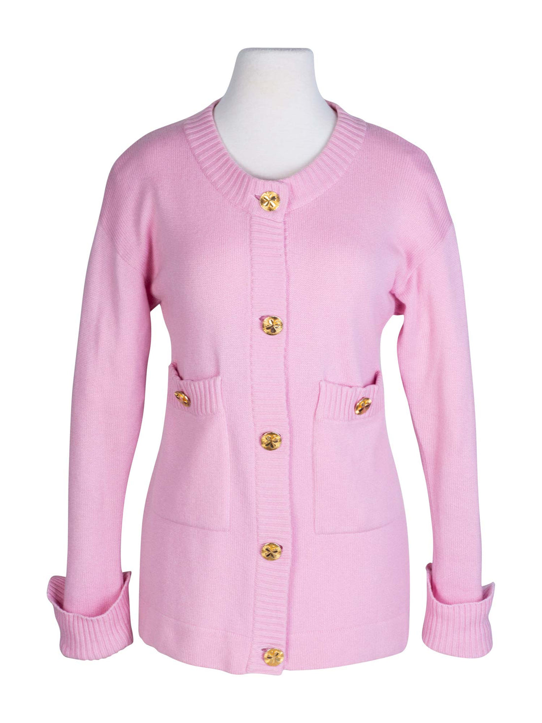 Chanel 90s Cashmere Gold Clover Buttons Cardigan Pink