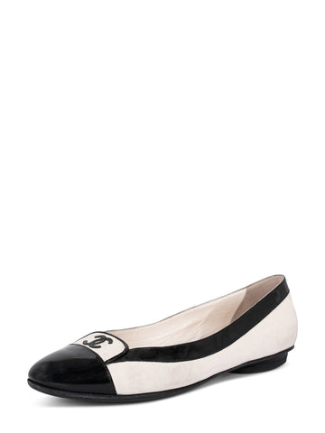 Chanel CC Leather Cap Toe Ballet Flats White Black