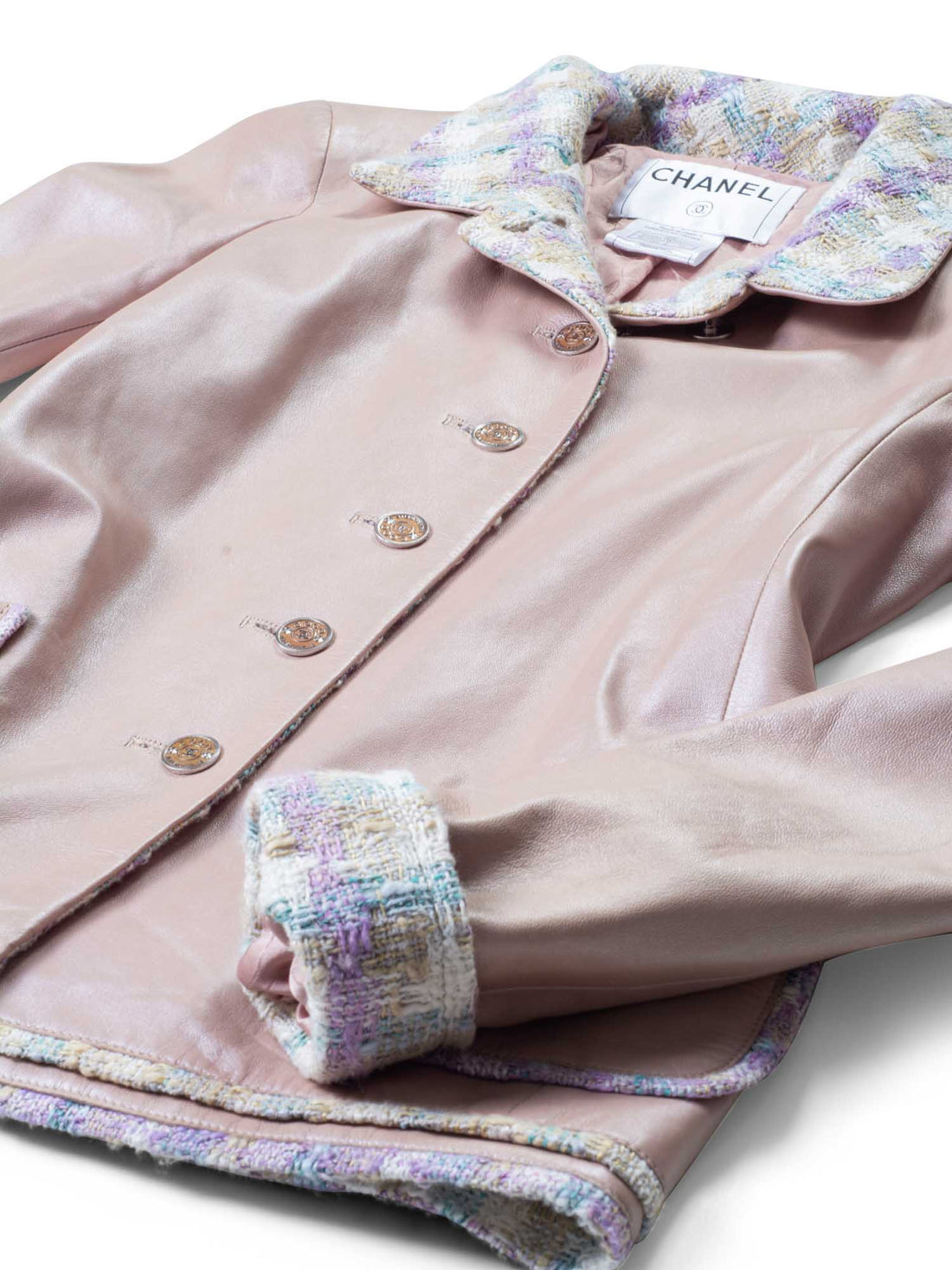 Chanel CC Leather Tweed Fringe Jacket Pink
